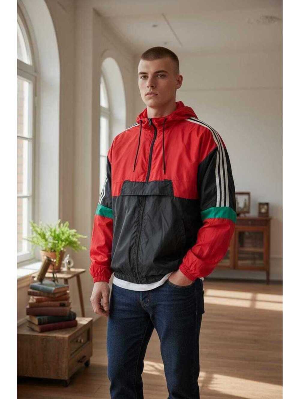 Vintage Colorblock Windbreaker Jacket – Red Black Green Hooded Pullover – Size M
